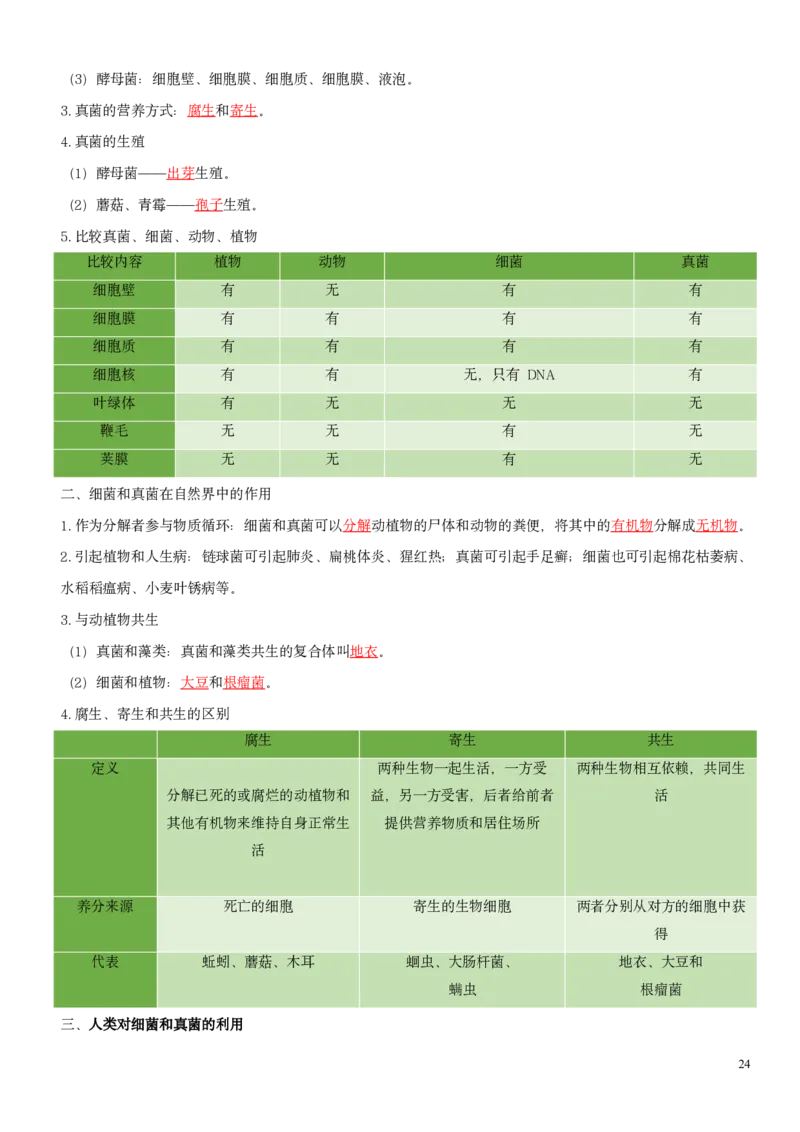人教版7年级上册生物知识总结（教师版）27页2024秋新版教材_初中全科电子版试卷练习试题_生物_生物人教版7上练习&mdash;24新版已更新_人教生物七年级上知识汇总