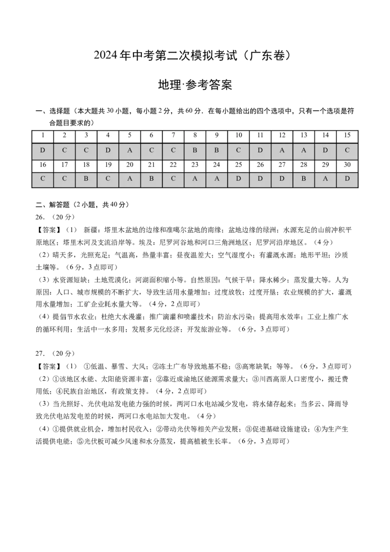 地理（广东卷）（参考答案及评分标准）_初中全科电子版试卷练习试题_地理_2024中考模拟题地理(1)_二模_地理（广东卷）-：2024年中考第二次模拟考试