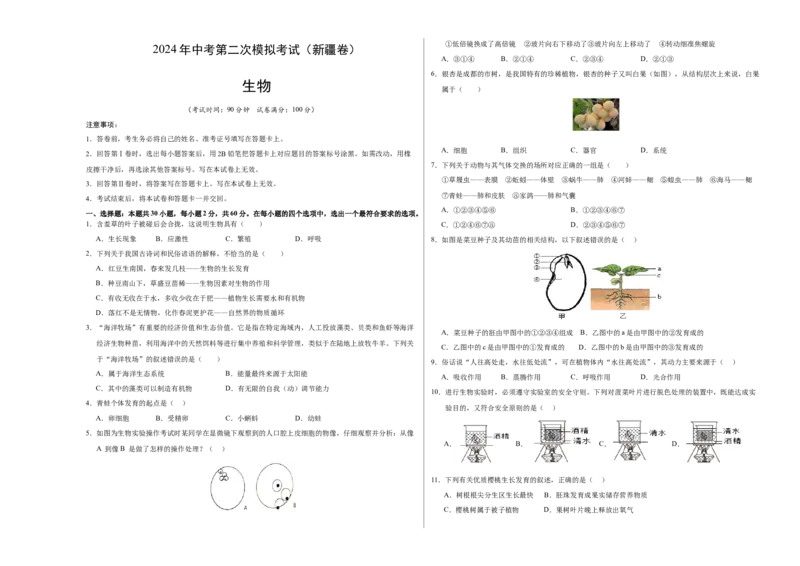 生物（新疆卷）（考试版A3）_初中全科电子版试卷练习试题_生物_2024中考模拟题生物(1)_二模_生物（新疆卷）-：2024年中考第二次模拟考试