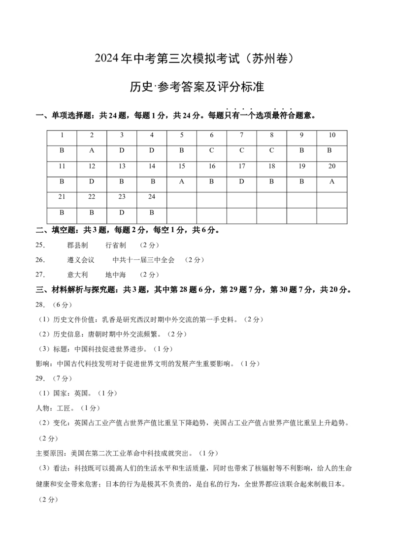 历史（苏州卷）（参考答案及评分标准）_初中全科电子版试卷练习试题_历史_2024中考模拟题历史(1)_三模（34套）_历史（江苏苏州卷）