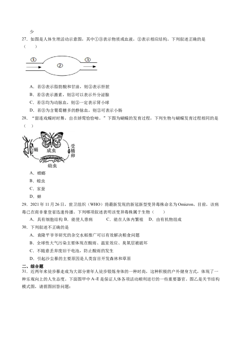 生物（广东省卷）（考试版A4）_初中全科电子版试卷练习试题_生物_2024中考模拟题生物(1)_二模_生物（广东省卷）-：2024年中考第二次模拟考试