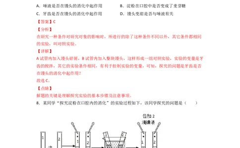探究题02探究馒头在口腔中的变化-七年级生物下册教材实验探究必刷题（人教版）（解析版）_初中全科电子版试卷练习试题_生物_生物人教版7下练习
