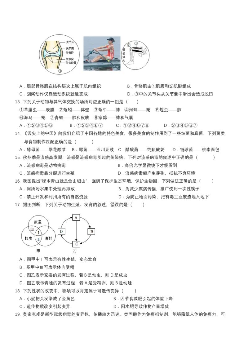 生物（吉林长春卷）（考试版A4）_初中全科电子版试卷练习试题_生物_2024中考模拟题生物(1)_一模_生物（吉林长春卷）-2024年中考第一次模拟考试
