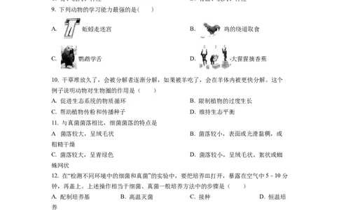 八年级上学期期末生物试题（原卷版）_初中全科电子版试卷练习试题_生物_生物8上练习_人教生物8年级上期末试卷10份