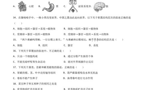期末测试（A卷&middot;夯实基础）（原卷版）_初中全科电子版试卷练习试题_生物_生物人教版7上练习&mdash;24新版已更新_人教生物7年级上期末试卷11份