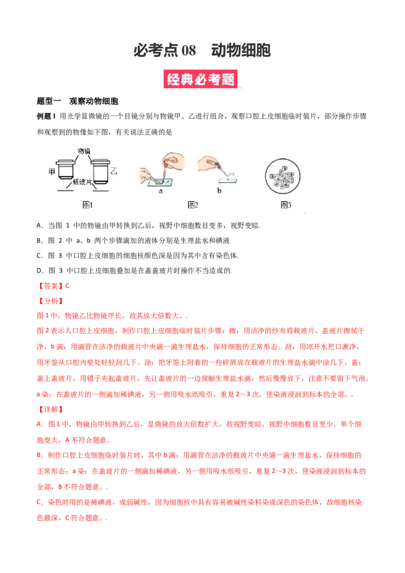 必考点08动物细胞-（人教版）（解析版）_初中全科电子版试卷练习试题_生物_生物人教版7上练习&mdash;24新版已更新_人教生物7年级上专项练习28份
