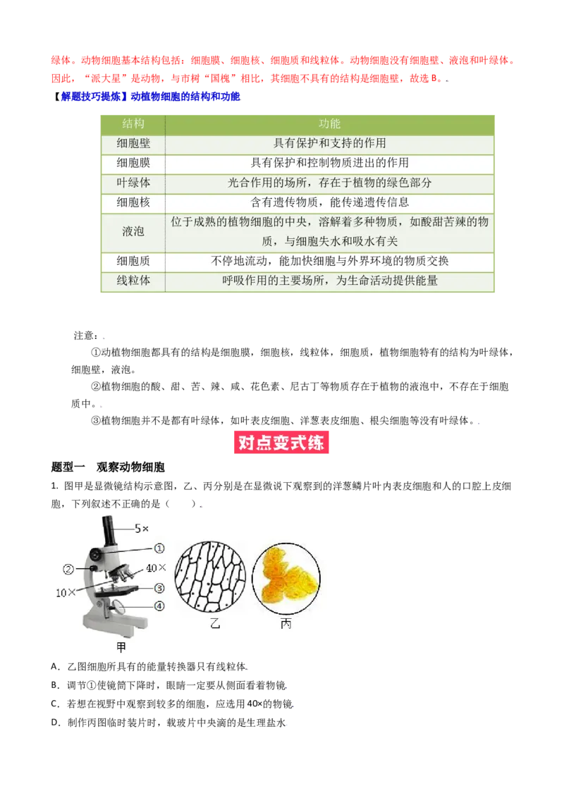 必考点08动物细胞-（人教版）（解析版）_初中全科电子版试卷练习试题_生物_生物人教版7上练习&mdash;24新版已更新_人教生物7年级上专项练习28份