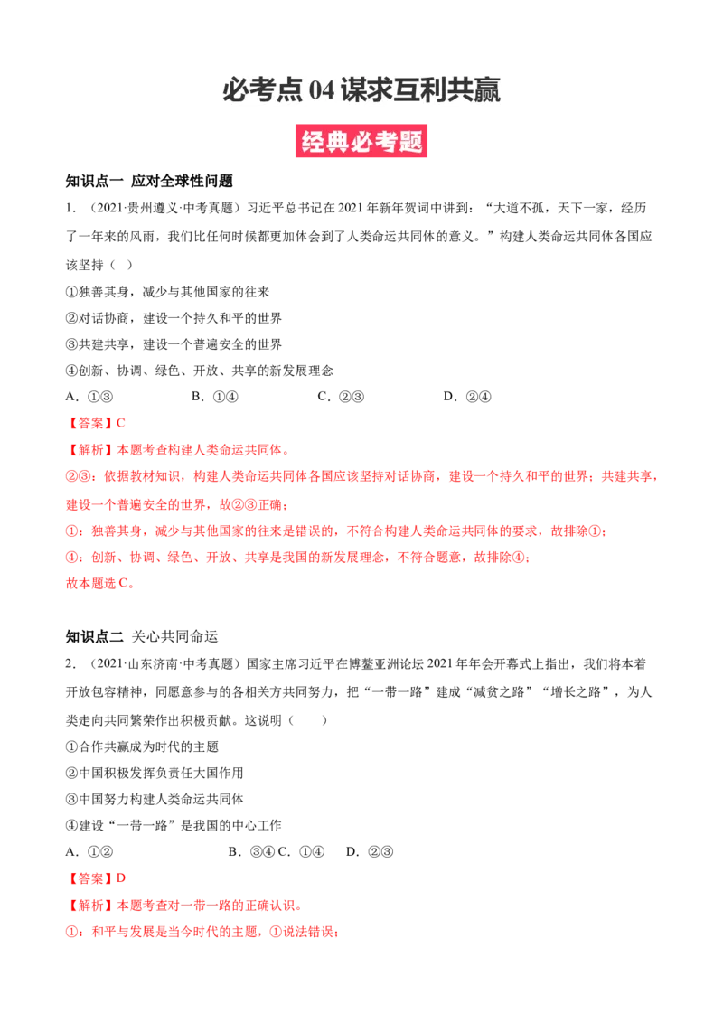 必考点04谋求互利共赢（解析版）_初中全科电子版试卷练习试题_政治_道法人教部编9下试卷_部编道法9年级下专项练习14份