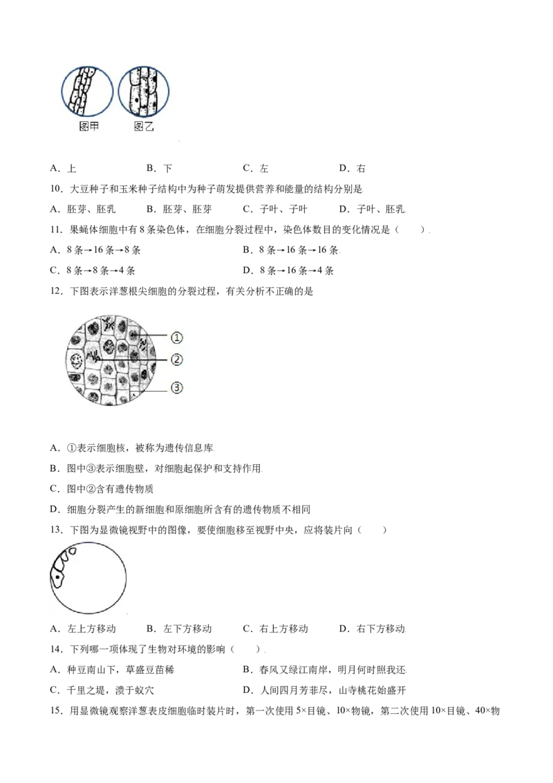 期末测试卷01-（人教版）（原卷版）_初中全科电子版试卷练习试题_生物_生物人教版7上练习&mdash;24新版已更新_人教生物7年级上期末试卷11份