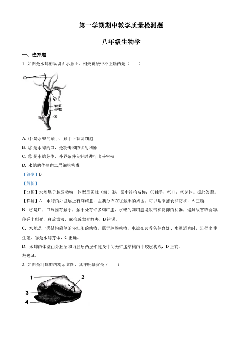 八年级上学期期中生物试题05（解析版）_初中全科电子版试卷练习试题_生物_生物8上练习_人教生物8年级上期中试卷08份