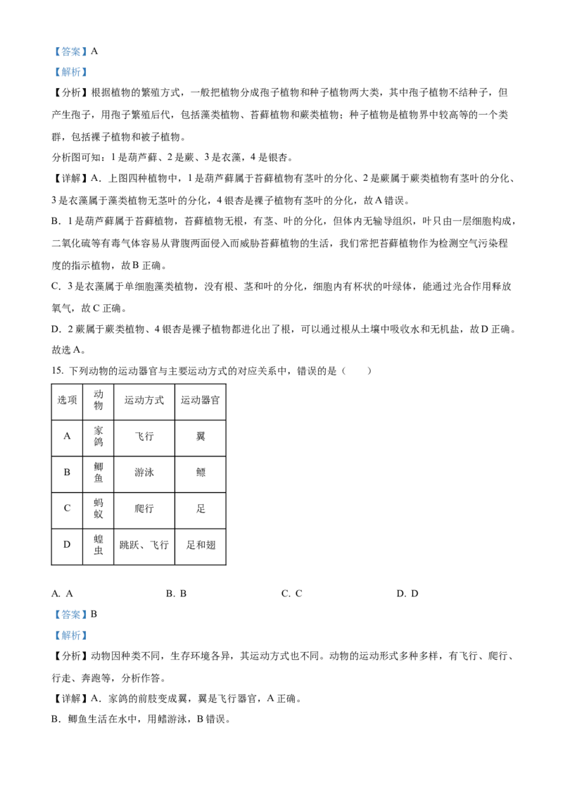 八年级上学期期中生物试题05（解析版）_初中全科电子版试卷练习试题_生物_生物8上练习_人教生物8年级上期中试卷08份