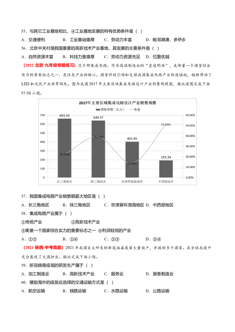 必杀07第四单元中国的经济发展（选择题60题）-（人教版）（原卷版）_初中全科电子版试卷练习试题_地理_人教地理8上试题试卷_人教地理8年级上专项练习09份