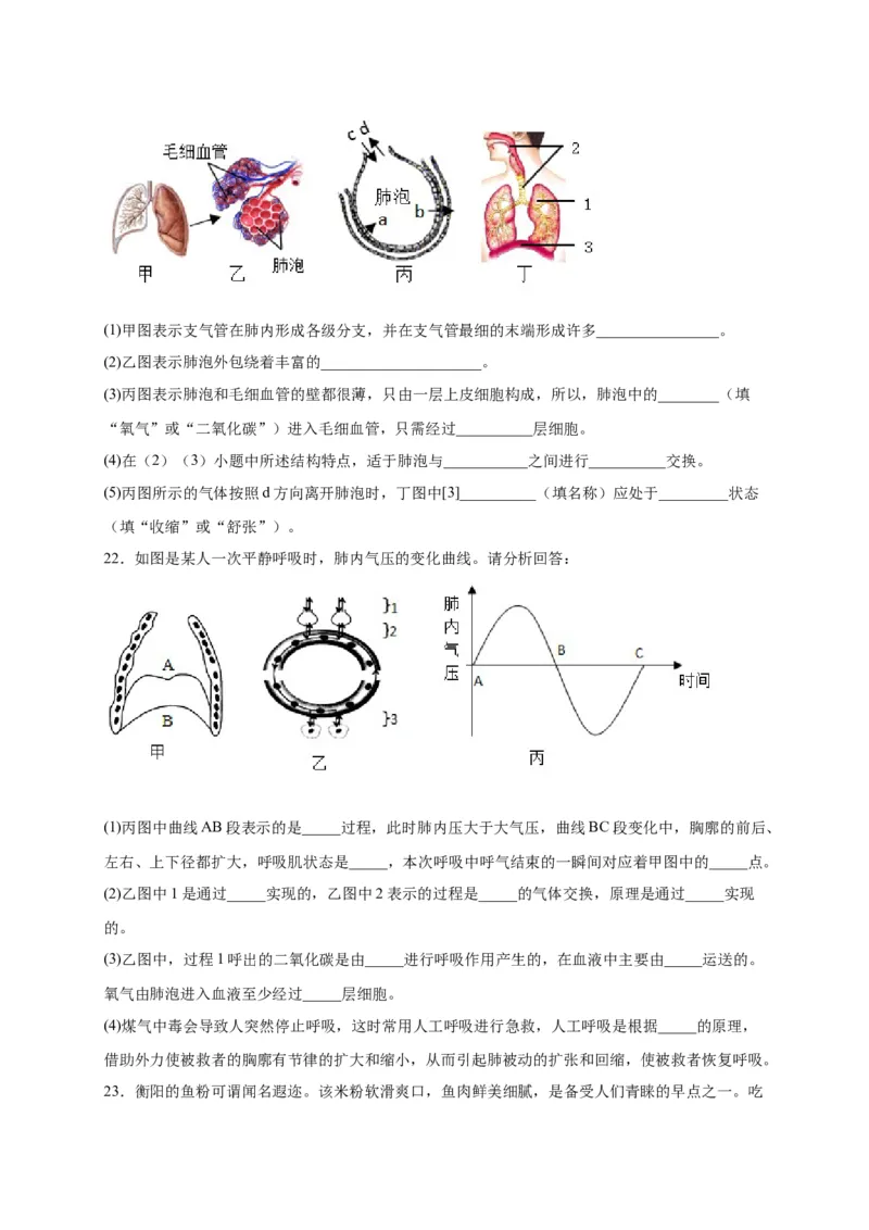 第三单元人体的呼吸（选拔卷）-单元测试（人教版）（原卷版）_初中全科电子版试卷练习试题_生物_生物人教版7下练习_人教生物7年级下单元试卷33份