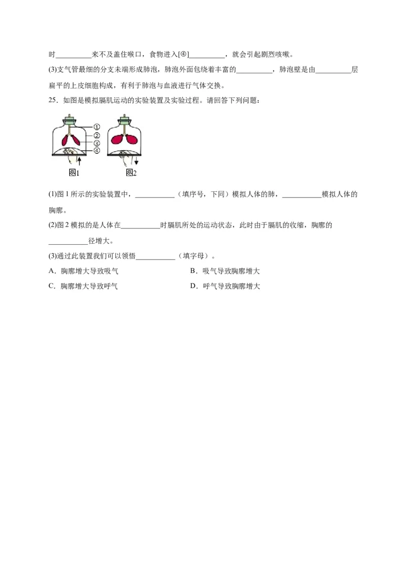 第三单元人体的呼吸（选拔卷）-单元测试（人教版）（原卷版）_初中全科电子版试卷练习试题_生物_生物人教版7下练习_人教生物7年级下单元试卷33份