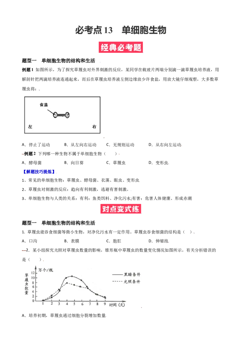 必考点13单细胞生物-（人教版）（原卷版）_初中全科电子版试卷练习试题_生物_生物人教版7上练习&mdash;24新版已更新_人教生物7年级上专项练习28份
