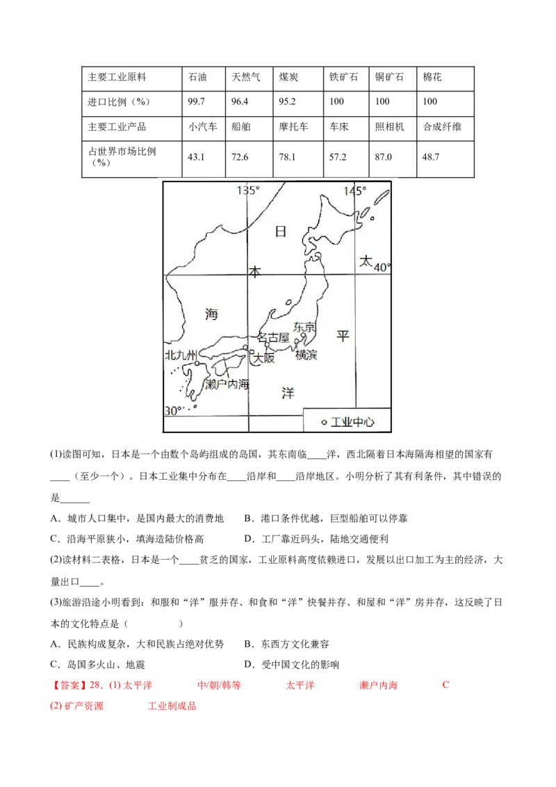 必考点03日本-对点变式题（人教版）（解析版）_初中全科电子版试卷练习试题_地理_人教地理7下试题试卷_人教地理7年级下专项练习13份
