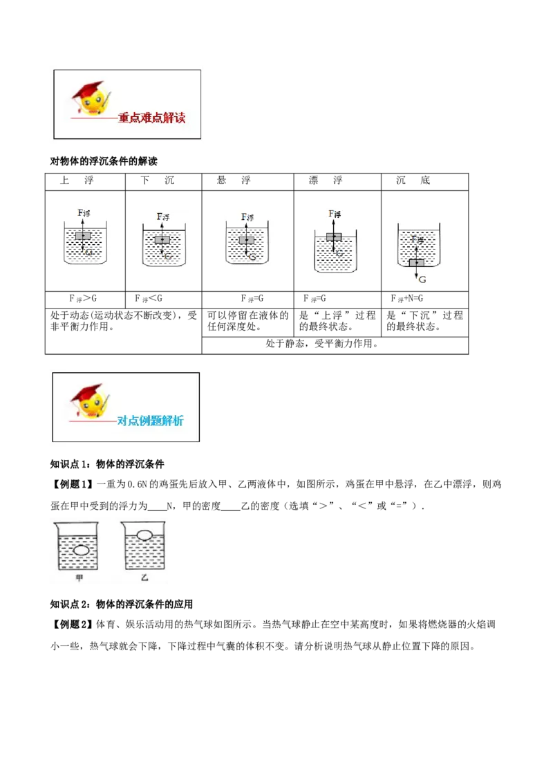 10.3物体的浮沉条件及应用（原卷版）-2020-2021学年八年级下册物理精讲精练（人教版）_初物_人教版初中物理初二三同步讲义习题练习八九年级电子资料word素材_20250116_181533