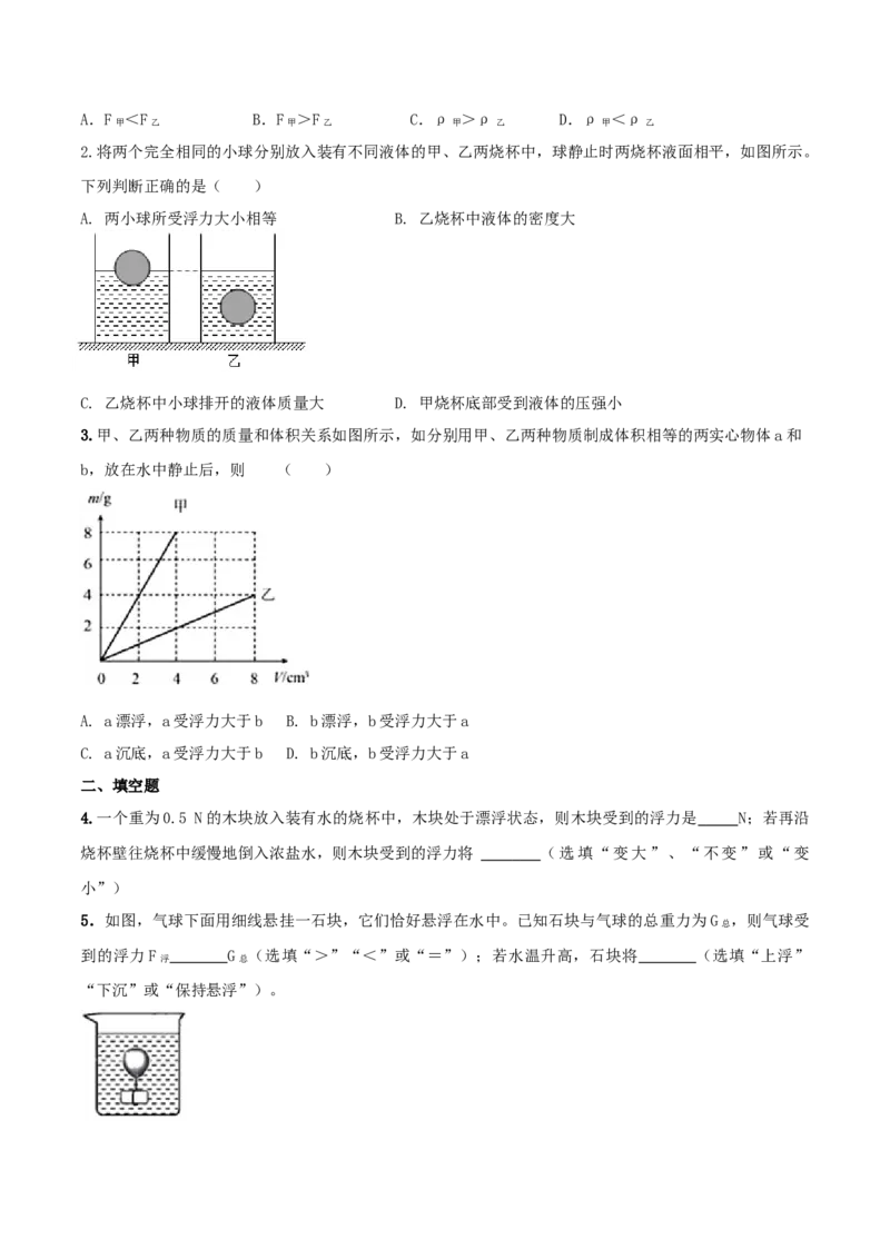 10.3物体的浮沉条件及应用（原卷版）-2020-2021学年八年级下册物理精讲精练（人教版）_初物_人教版初中物理初二三同步讲义习题练习八九年级电子资料word素材_20250116_181533