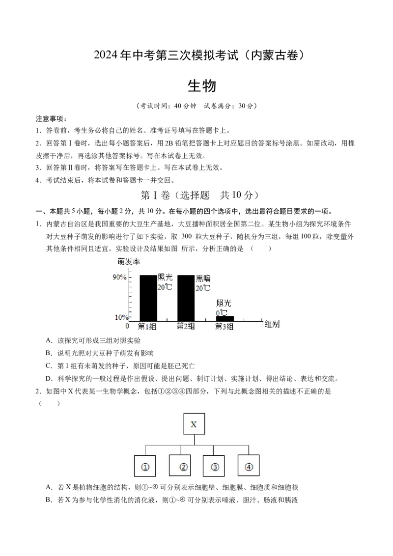 生物（内蒙古卷）（考试版A4）_初中全科电子版试卷练习试题_生物_2024中考模拟题生物(1)_三模（37套）_生物（内蒙古卷）