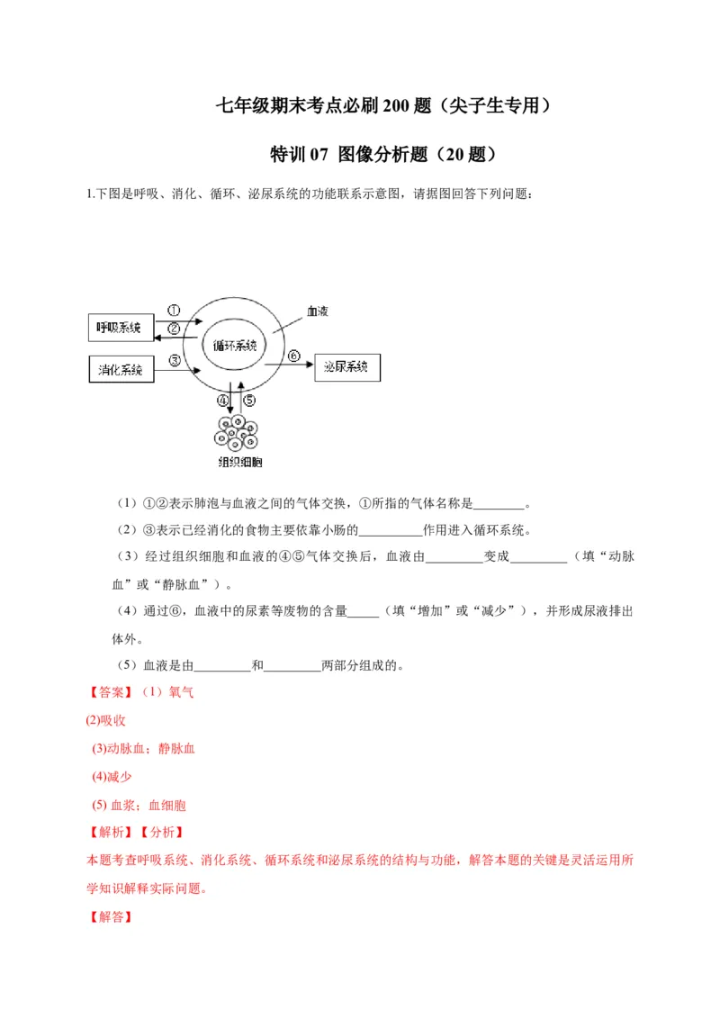 特训07图像分析题（20题）-（尖子生专用）（解析版）_初中全科电子版试卷练习试题_生物_生物人教版7下练习_人教生物7年级下专项练习16份