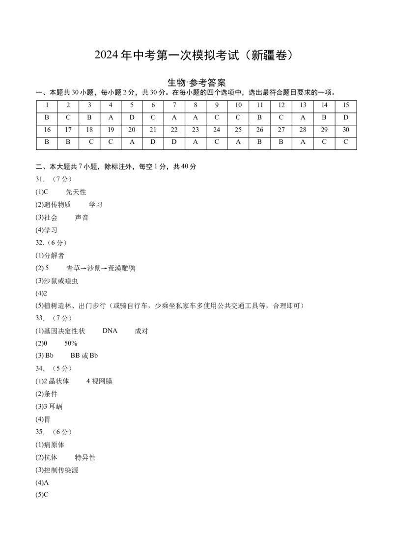 生物（新疆卷）（参考答案及评分标准）_初中全科电子版试卷练习试题_生物_2024中考模拟题生物(1)_一模_生物（新疆卷）-2024年中考第一次模拟考试