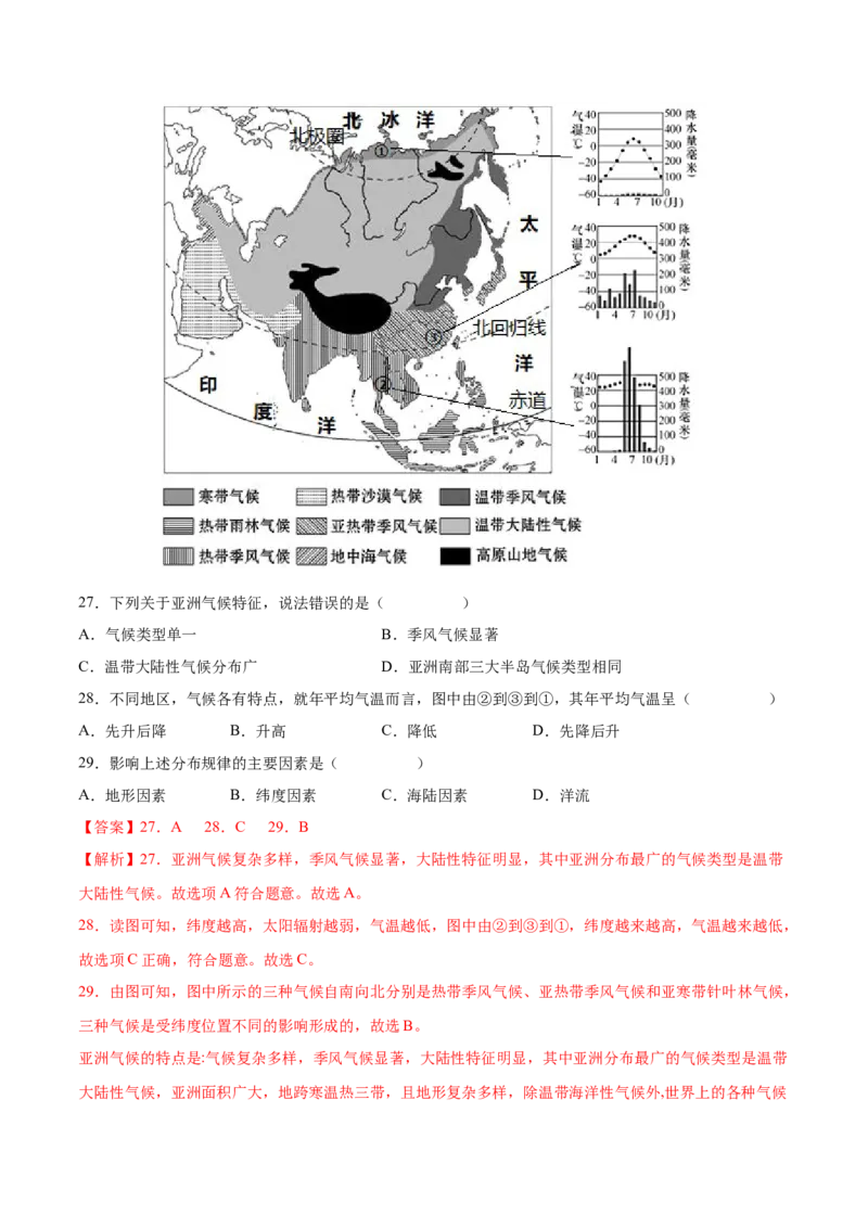 必考点02亚洲的自然环境-对点变式题（人教版）（解析版）_初中全科电子版试卷练习试题_地理_人教地理7下试题试卷_人教地理7年级下专项练习13份
