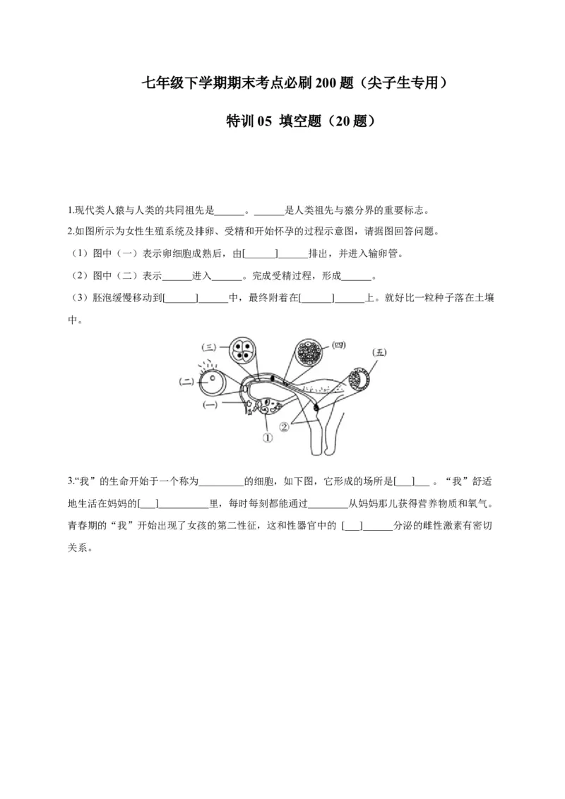 特训05填空题（20题）-（尖子生专用）（考试版）_初中全科电子版试卷练习试题_生物_生物人教版7下练习_人教生物7年级下专项练习16份