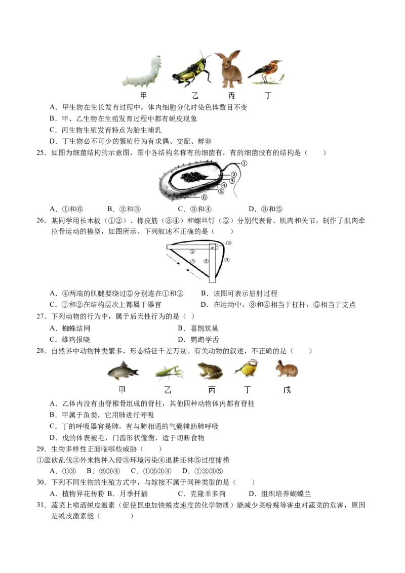 生物（无锡卷）（考试版A4）_初中全科电子版试卷练习试题_生物_2024中考模拟题生物(1)_二模_生物（无锡卷）-：2024年中考第二次模拟考试