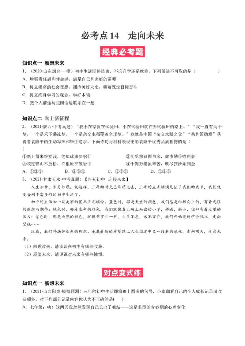 必考点14走向未来（原卷版）_初中全科电子版试卷练习试题_政治_道法人教部编9下试卷_部编道法9年级下专项练习14份