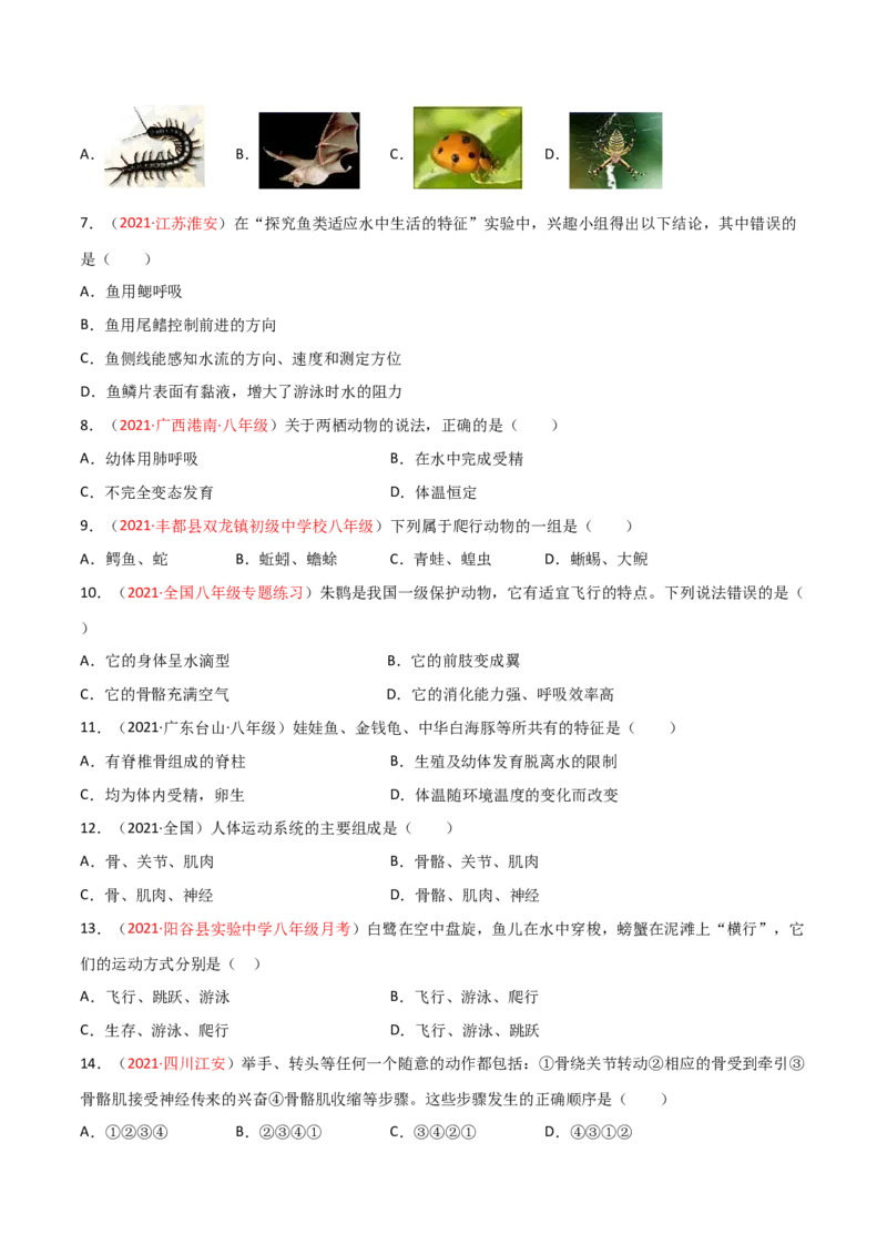 期末测试（A卷&middot;夯实基础）（原卷版）_初中全科电子版试卷练习试题_生物_生物8上练习_人教生物8年级上期末试卷10份