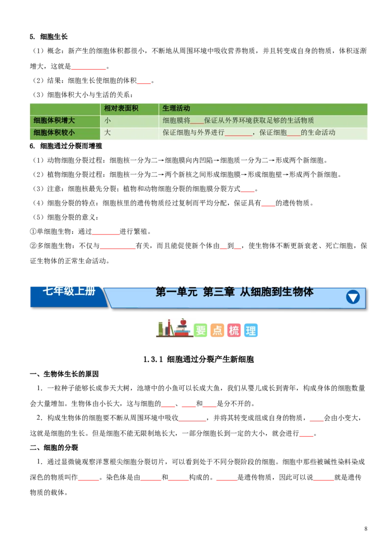 人教版7年级上册生物知识总结（学生版）27页2024秋新版教材_初中全科电子版试卷练习试题_生物_生物人教版7上练习&mdash;24新版已更新_人教生物七年级上知识汇总