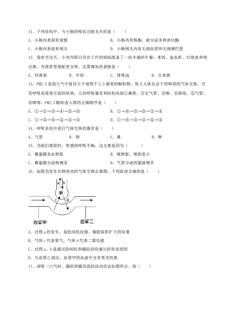期中测试02-（原卷版）_初中全科电子版试卷练习试题_生物_生物人教版7下练习_人教生物7年级下期中试卷07份
