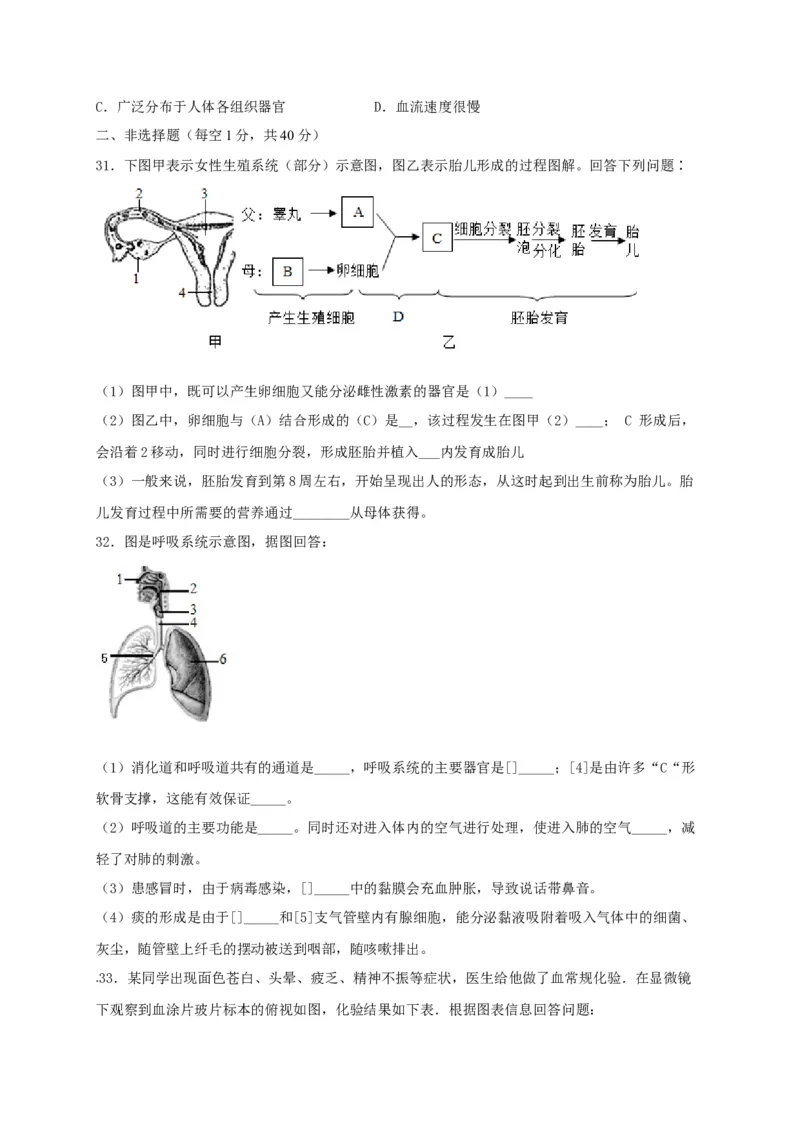 期中测试02-（原卷版）_初中全科电子版试卷练习试题_生物_生物人教版7下练习_人教生物7年级下期中试卷07份