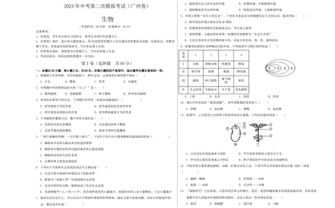 生物（广州卷）（考试版A3）_初中全科电子版试卷练习试题_生物_2024中考模拟题生物(1)_二模_生物（广州卷）-：2024年中考第二次模拟考试