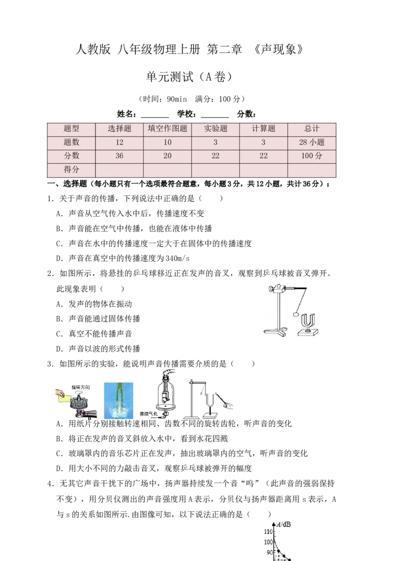 第2章《声现象》单元测试练习（A卷）（原卷版）_初中全科电子版试卷练习试题_物理_8年级上册物理试题_人教版物理八年级上单元试卷（054份）_单元试卷第3套12份
