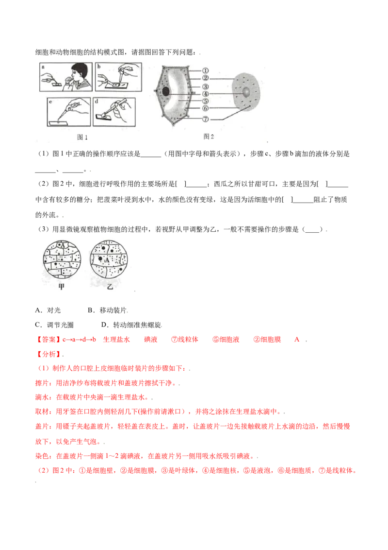 第02单元第01章细胞是生命活动的基本单位测试（A卷劣实基础）（解析版）_初中全科电子版试卷练习试题_生物_生物人教版7上练习&mdash;24新版已更新_人教生物7年级上单元试卷36份
