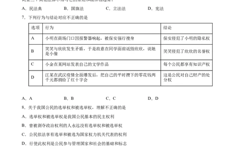 冲刺专项训练01选择题-八年级下道德与法治期末冲刺专项训练（原卷版）_初中全科电子版试卷练习试题_政治_道法人教部编8下试卷_部编道法8年级下专项练习05份