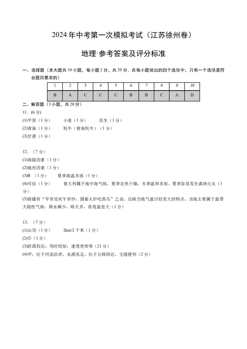 地理（江苏徐州卷）（参考答案及评分标准）_初中全科电子版试卷练习试题_地理_2024中考模拟题地理(1)_一模_地理（江苏徐州卷）-2024年中考第一次模拟考试
