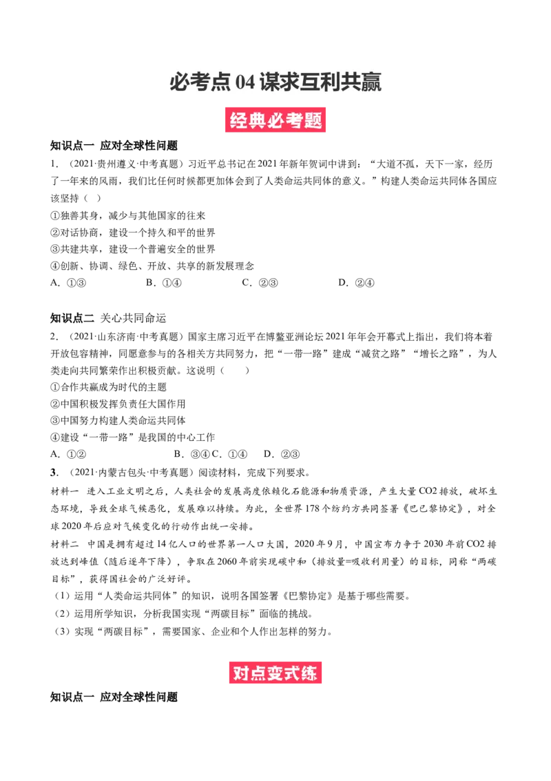 必考点04谋求互利共赢（原卷版）_初中全科电子版试卷练习试题_政治_道法人教部编9下试卷_部编道法9年级下专项练习14份