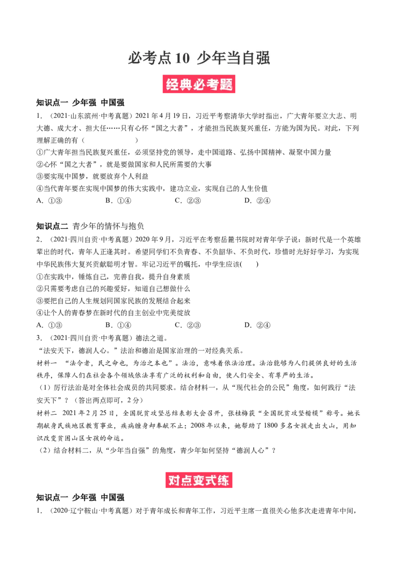 必考点10少年当自强（原卷版）_初中全科电子版试卷练习试题_政治_道法人教部编9下试卷_部编道法9年级下专项练习14份