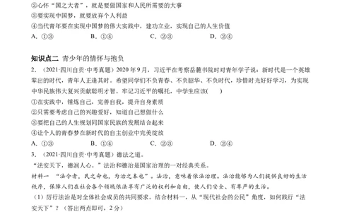 必考点10少年当自强（原卷版）_初中全科电子版试卷练习试题_政治_道法人教部编9下试卷_部编道法9年级下专项练习14份