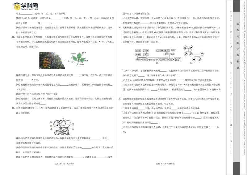 生物（泰州卷）（考试版A3）_初中全科电子版试卷练习试题_生物_2024中考模拟题生物(1)_一模_生物（泰州卷）-2024年中考第一次模拟考试