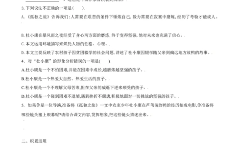 第17课孤独之旅（原卷版）_初中全科电子版试卷练习试题_语文_9上初中部编版语文练习、试卷_部编语文九年级上课时练习（050份）_第1套-课时练习