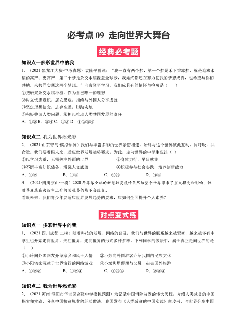 必考点09走向世界大舞台（原卷版）_初中全科电子版试卷练习试题_政治_道法人教部编9下试卷_部编道法9年级下专项练习14份