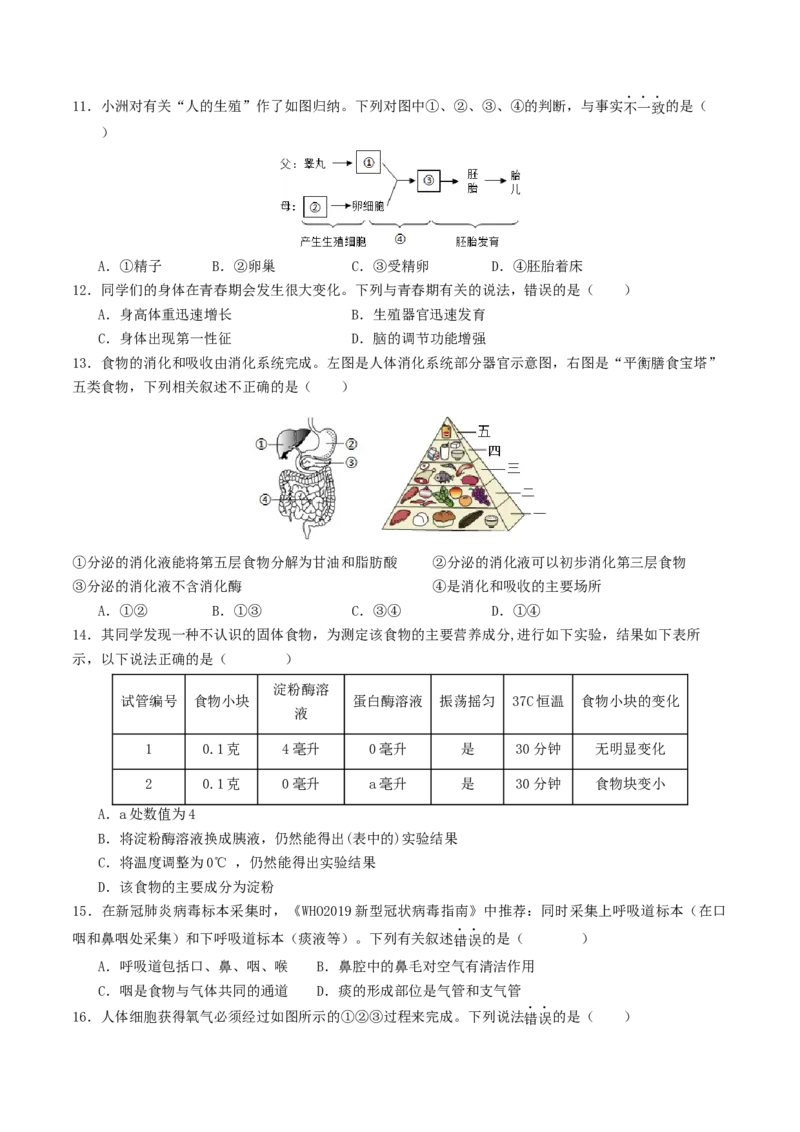生物（云南卷）（考试版A4）_初中全科电子版试卷练习试题_生物_2024中考模拟题生物(1)_二模_生物（云南卷）-：2024年中考第二次模拟考试