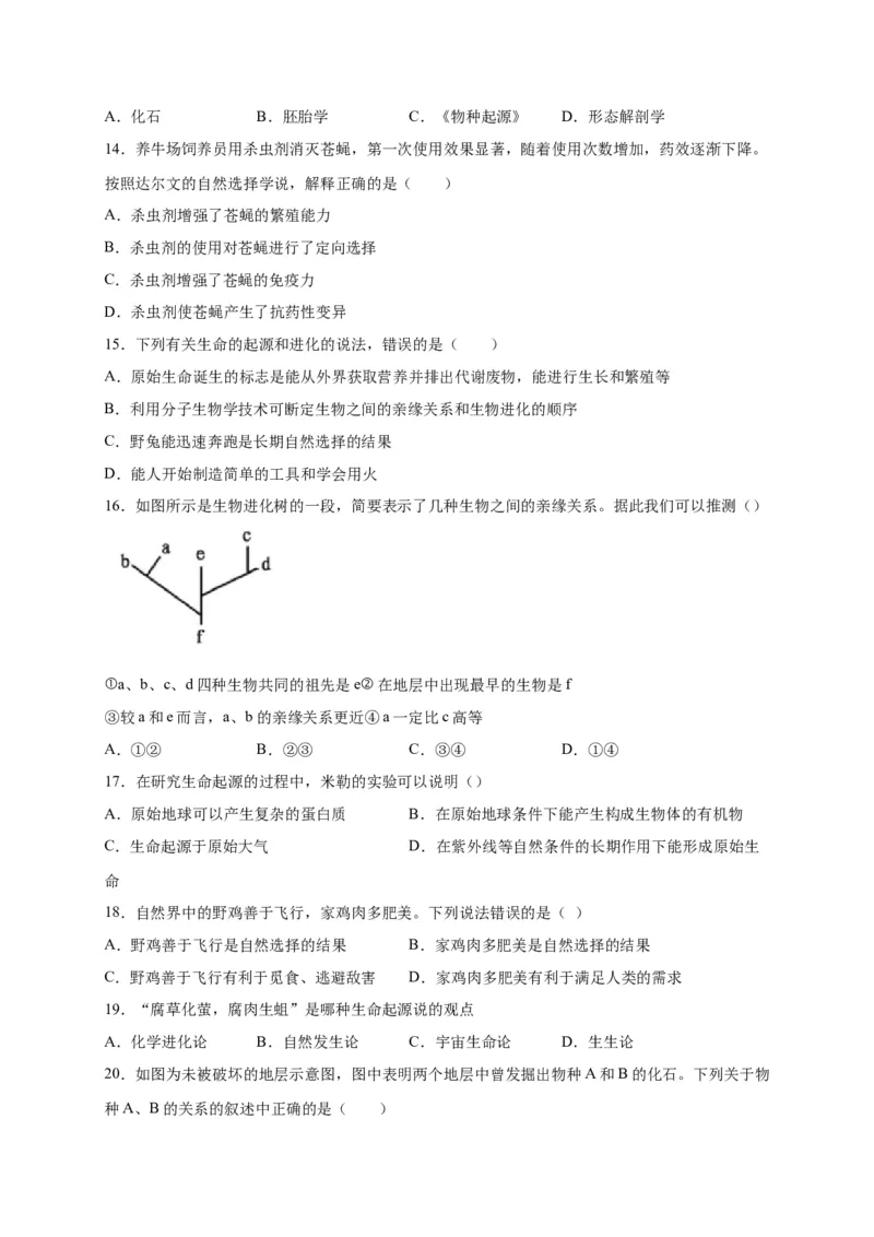 第三单元生命起源和生物进化（选拔卷）-单元测试（人教版）（原卷版）_初中全科电子版试卷练习试题_生物_生物8下练习_人教生物8年级下单元试卷38份