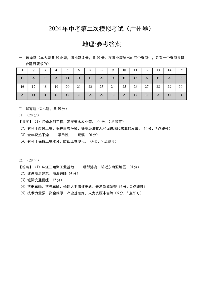 地理（广州卷）（参考答案及评分标准）_初中全科电子版试卷练习试题_地理_2024中考模拟题地理(1)_二模_地理（广州卷）-：2024年中考第二次模拟考试