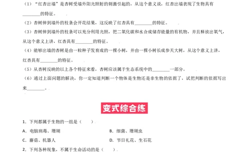 必考点01生物的特征-（人教版）（原卷版）_初中全科电子版试卷练习试题_生物_生物人教版7上练习&mdash;24新版已更新_人教生物7年级上专项练习28份