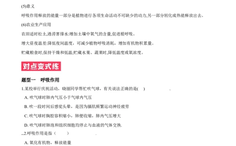 必考点22绿色植物的呼吸作用-（人教版）（原卷版）_初中全科电子版试卷练习试题_生物_生物人教版7上练习&mdash;24新版已更新_人教生物7年级上专项练习28份