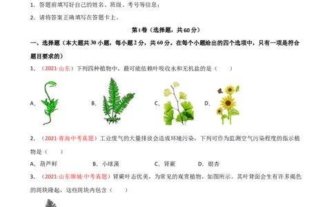第03单元第01章生物圈中有哪些绿色植物、02章被子植物的一生单元测试（B卷&middot;提升能力）（原卷版）_初中全科电子版试卷练习试题_生物_生物人教版7上练习&mdash;24新版已更新